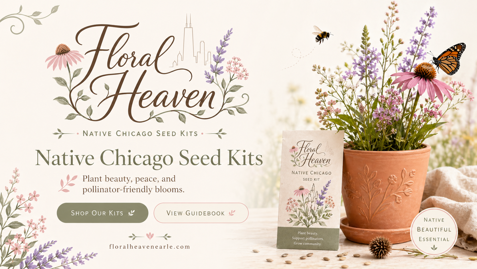 Hero banner placeholder showing Floral Heaven seed kits and native flowers